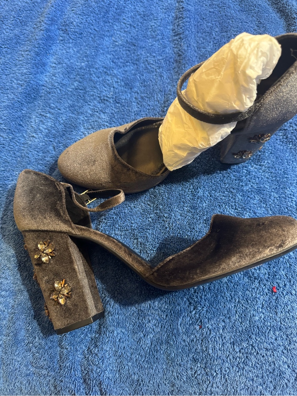 Anthropologie Grey Velvet Block Heels with Ankle Strap & Jewel Embellishments